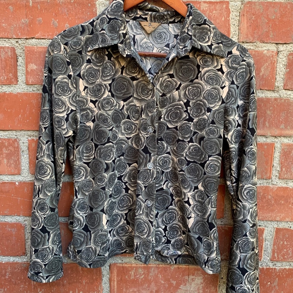 Vintage gray and black roses button down blouse
